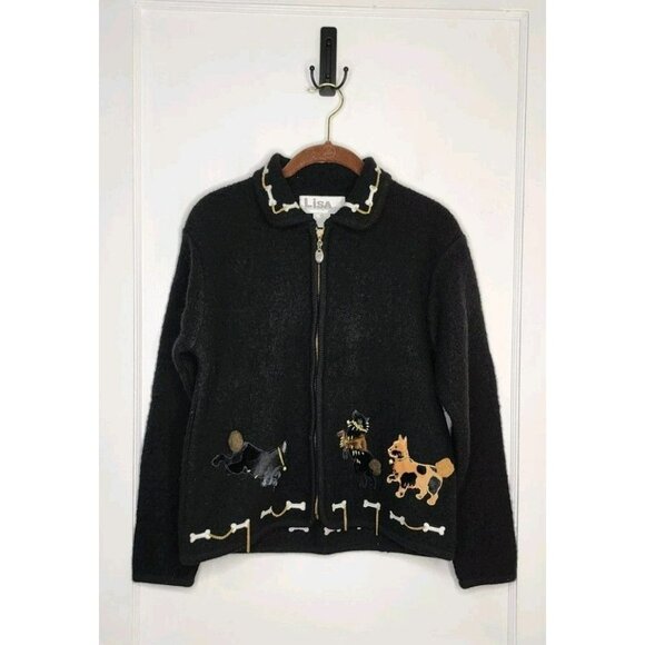 Cute 90s Boiled Wool Full Zip Cardigan Dogs Bones Lisa International Sz Petite M - Picture 1 of 7
